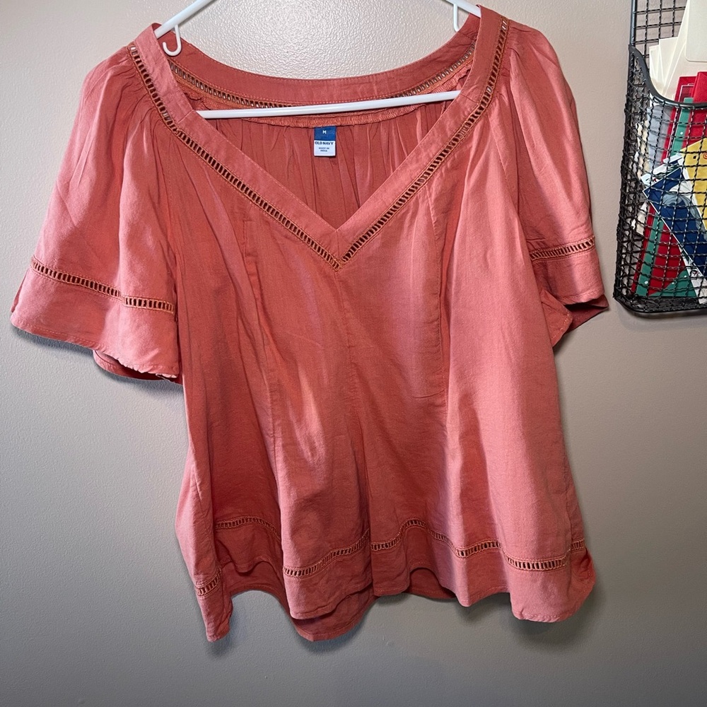 Old Navy Coral V-Neck Crochet-Trim Flutter Sleeve Blouse